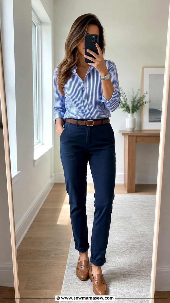 Navy Chinos With Striped Button Down and Tan Loafers - 25 Old money outfit ideas with chinos