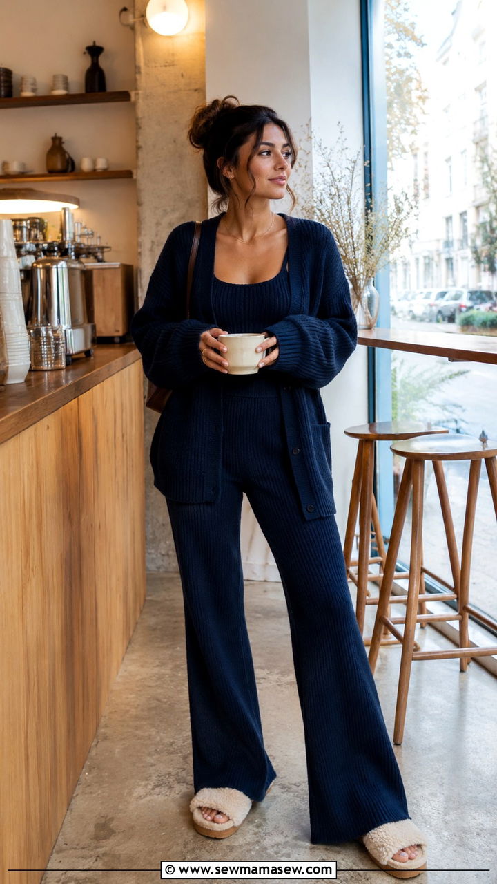 Navy Chunky Cardigan and Flared Knit Pants - 30 Monochromatic navy outfits