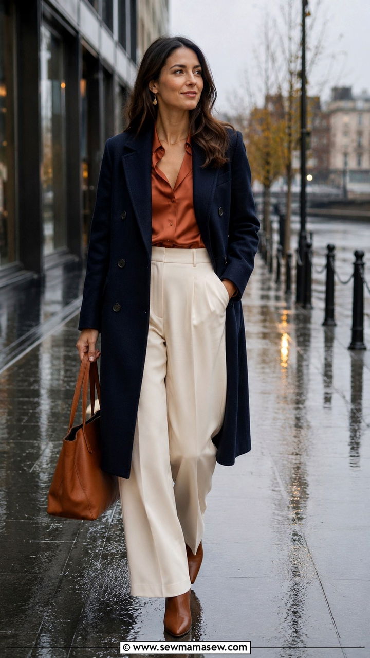Navy Coat With Terracotta Blouse And Wide Leg Trousers - 30 Rainy day work outfit ideas