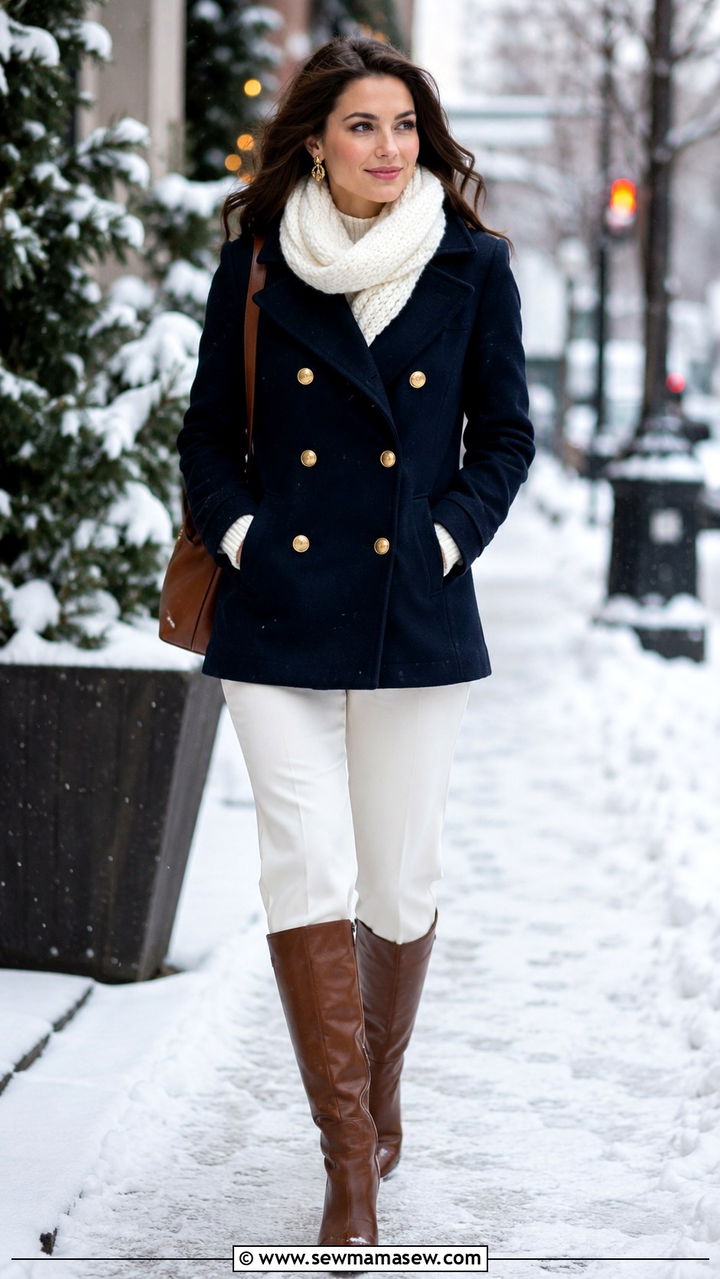 Navy Coat With White Scarf Outfit - 30 Navy and white outfit ideas