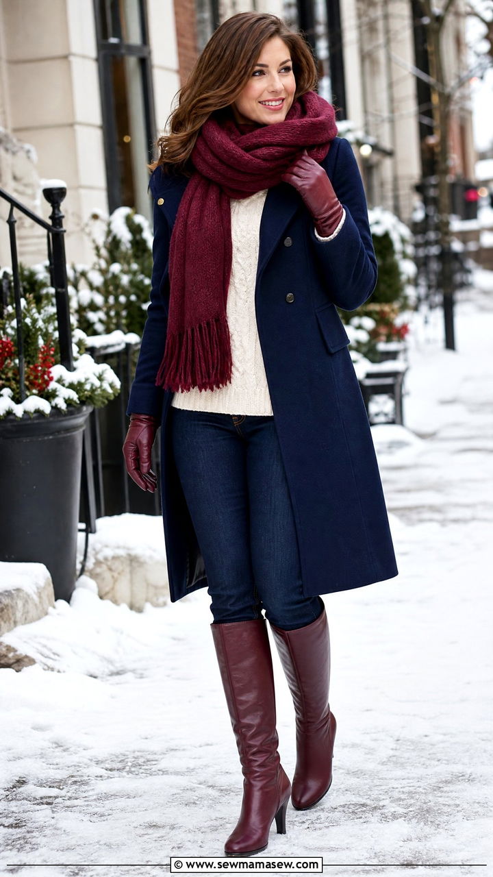 Navy Coat with Burgundy Scarf and Boots - 25 Navy and burgundy outfit ideas