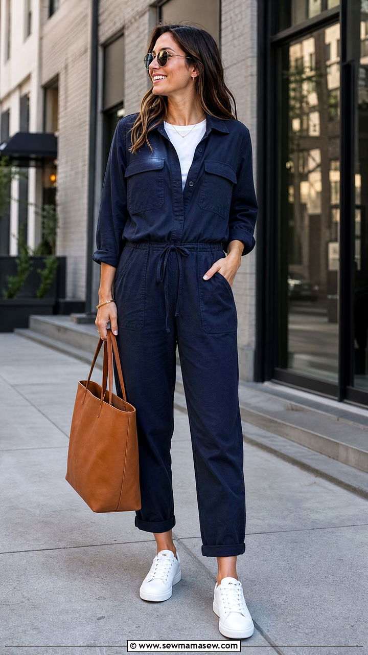 Navy Cotton Utility Jumpsuit With White Sneakers - 30 Summer cotton outfits