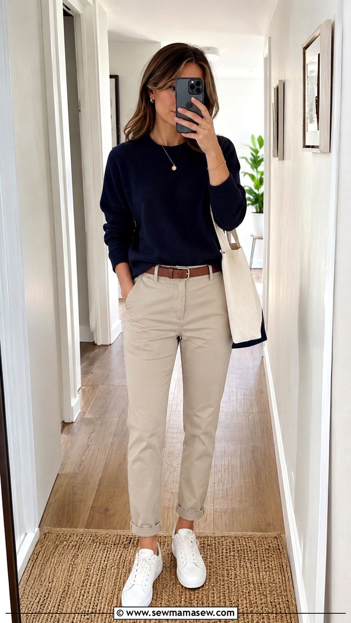 Navy Crewneck Sweater With Beige Chinos And White Sneakers - 30 casual clean girl outfits