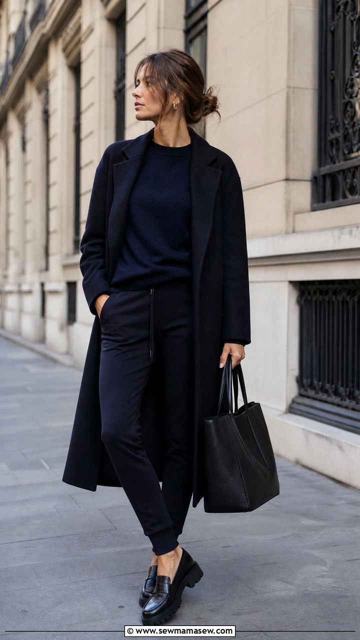 Navy Crewneck Sweater With Joggers And Stacked Loafers - 30 French girl outfit ideas with loafers