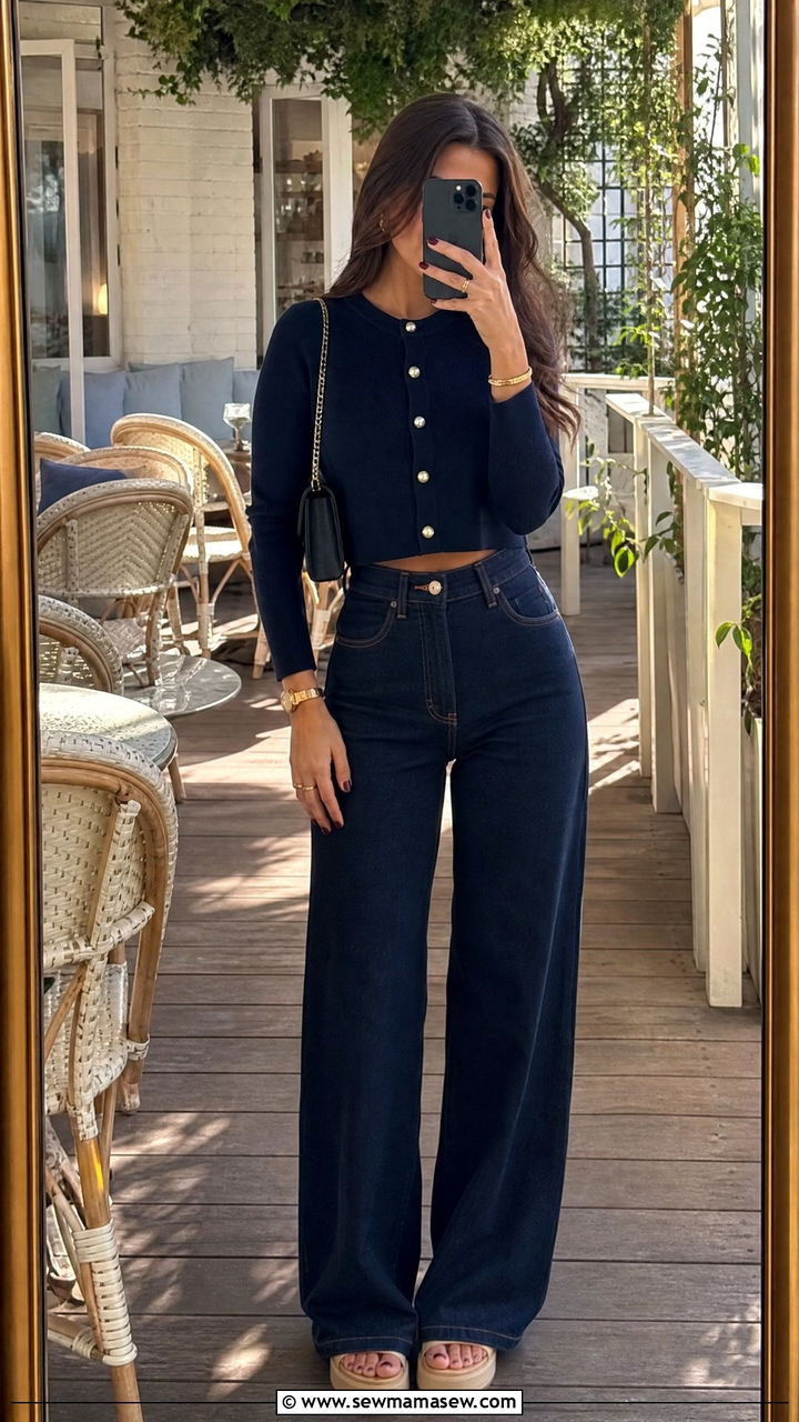 Navy Cropped Cardigan and High Waist Wide Leg Jeans - 30 Monochromatic navy outfits