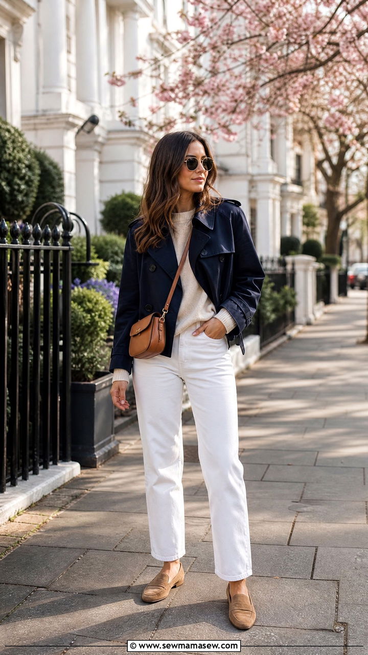 Navy Cropped Trench With Cashmere Sweater And White Jeans - 30 cropped trench coat outfit ideas for women