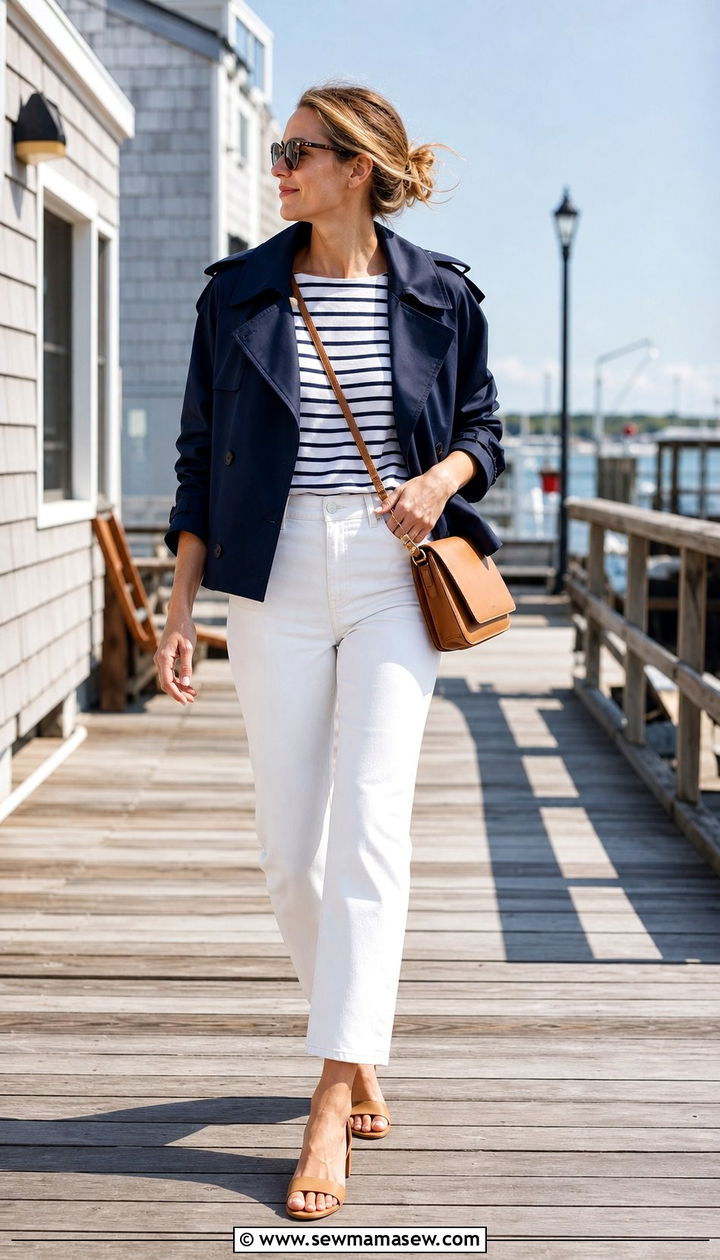 Navy Cropped Trench With White Straight Jeans - 25 cropped trench outfits 2026