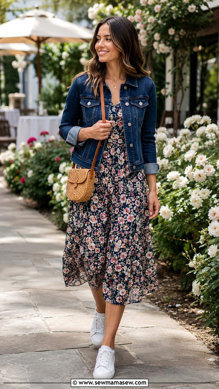 Navy Denim Jacket with Floral Midi Dress Outfit - 30 navy outfit ideas for women