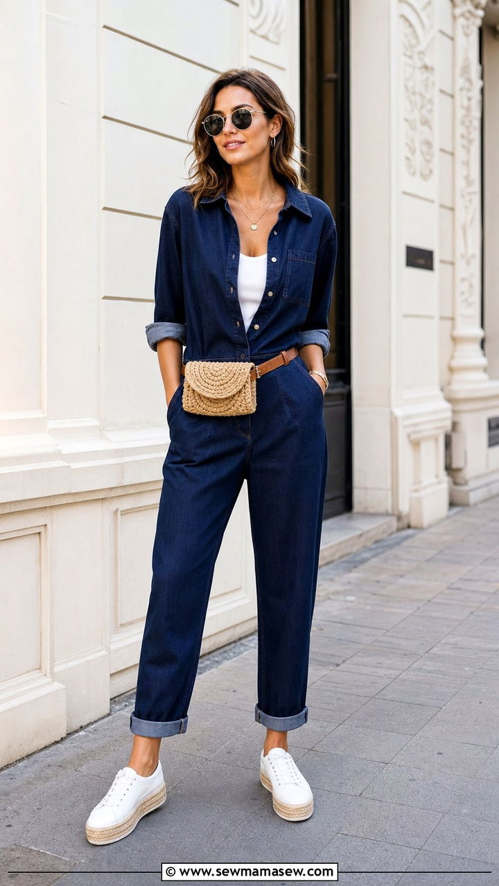 Navy Denim Jumpsuit with White Canvas Platform Espadrilles Outfit - 25 Summer minimalist outfits 2026