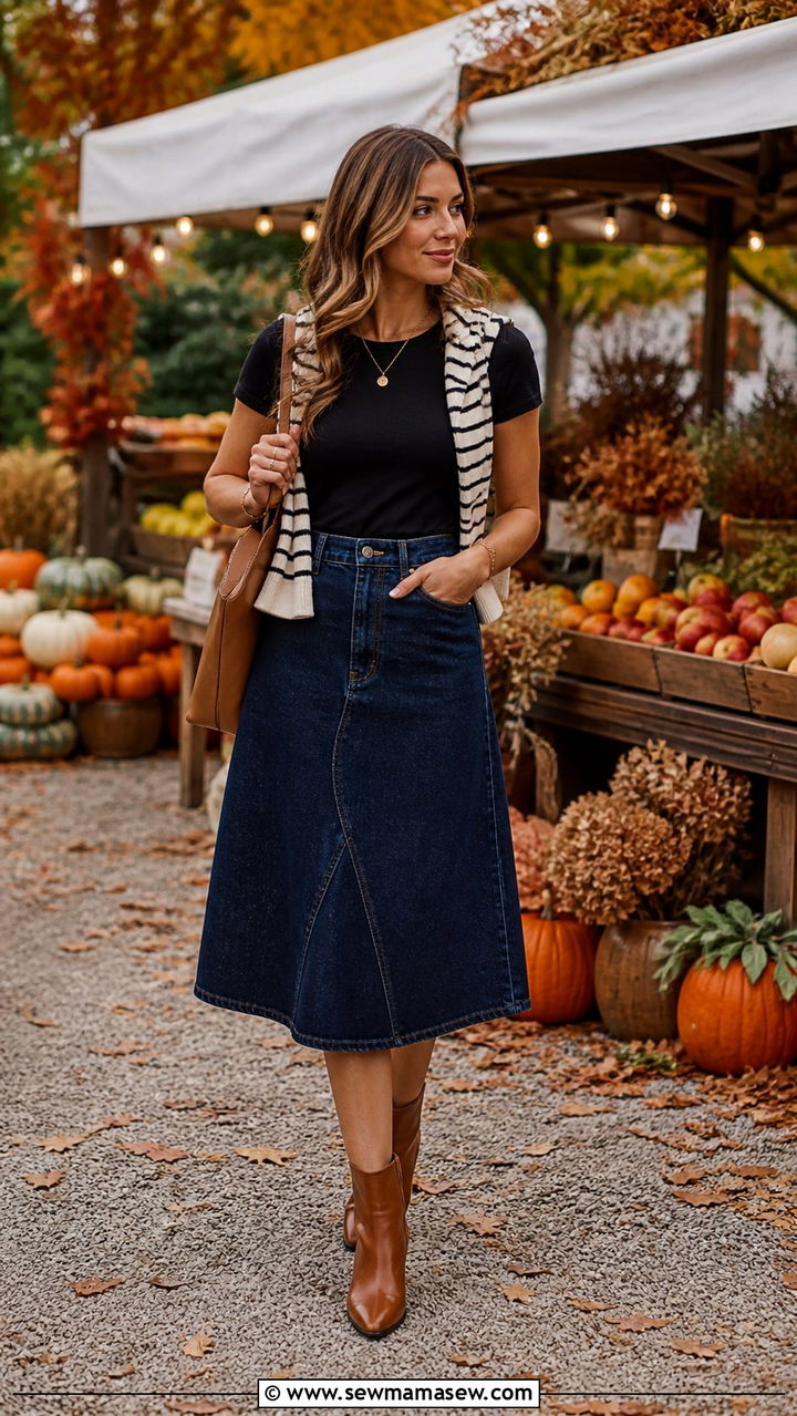 Navy Denim Midi Skirt with Black Tee and Striped Sweater - 40 denim skirt outfits