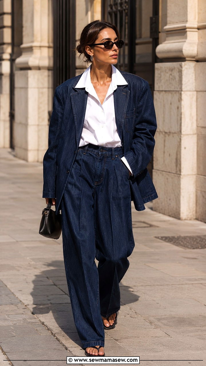 Navy Denim Suit and Flip Flops Outfit - 20 Zoe Kravitz summer outfit ideas