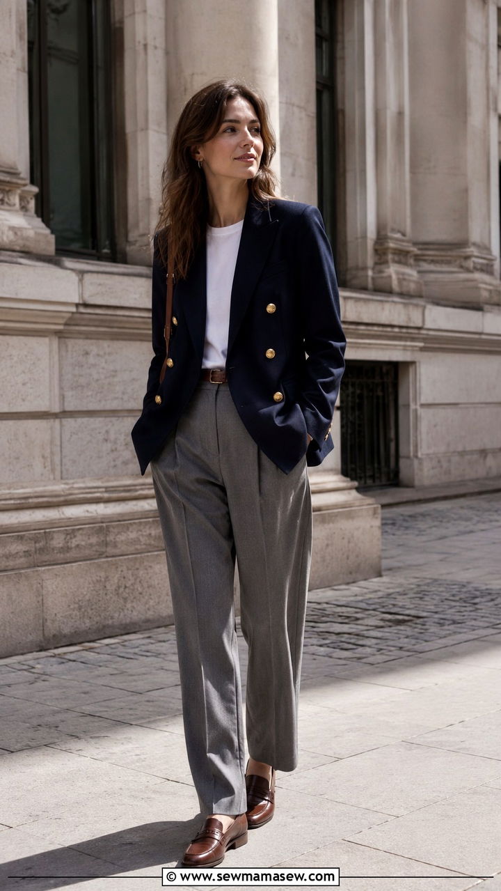 Navy Double Breasted Blazer With Pleated Trousers - 25 Old money outfit ideas with blazer