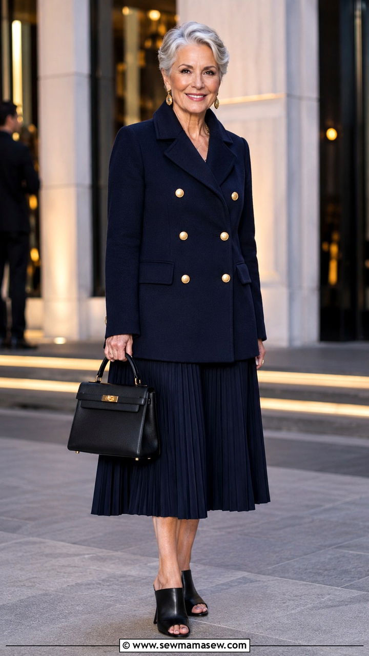 Navy Double Breasted Coat With Pleated Midi Skirt - 20 Quiet luxury outfit ideas Gwyneth Paltrow