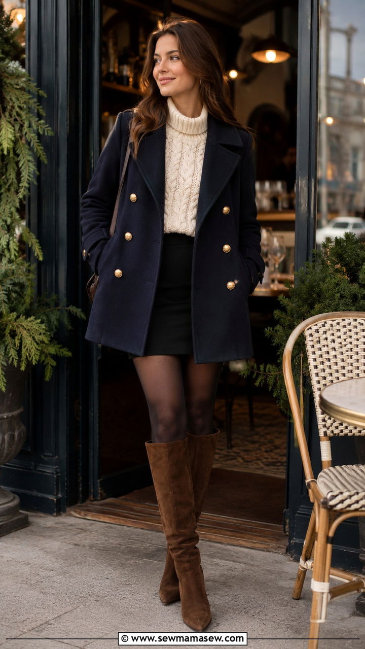Navy Double Breasted Peacoat with Chunky Knit and Mini Skirt - 30 Double breasted coat outfit ideas