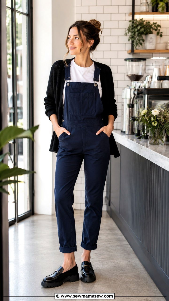 Navy Dungarees with White Tee and Black Lightweight Cardigan - 30 Spring outfit ideas for barista