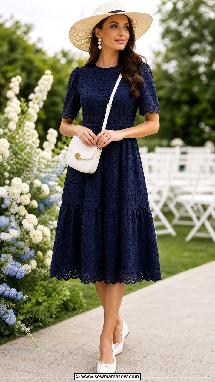 Navy Eyelet Dress with Bow Ballet Flats - 35 Memorial Day weekend outfit ideas