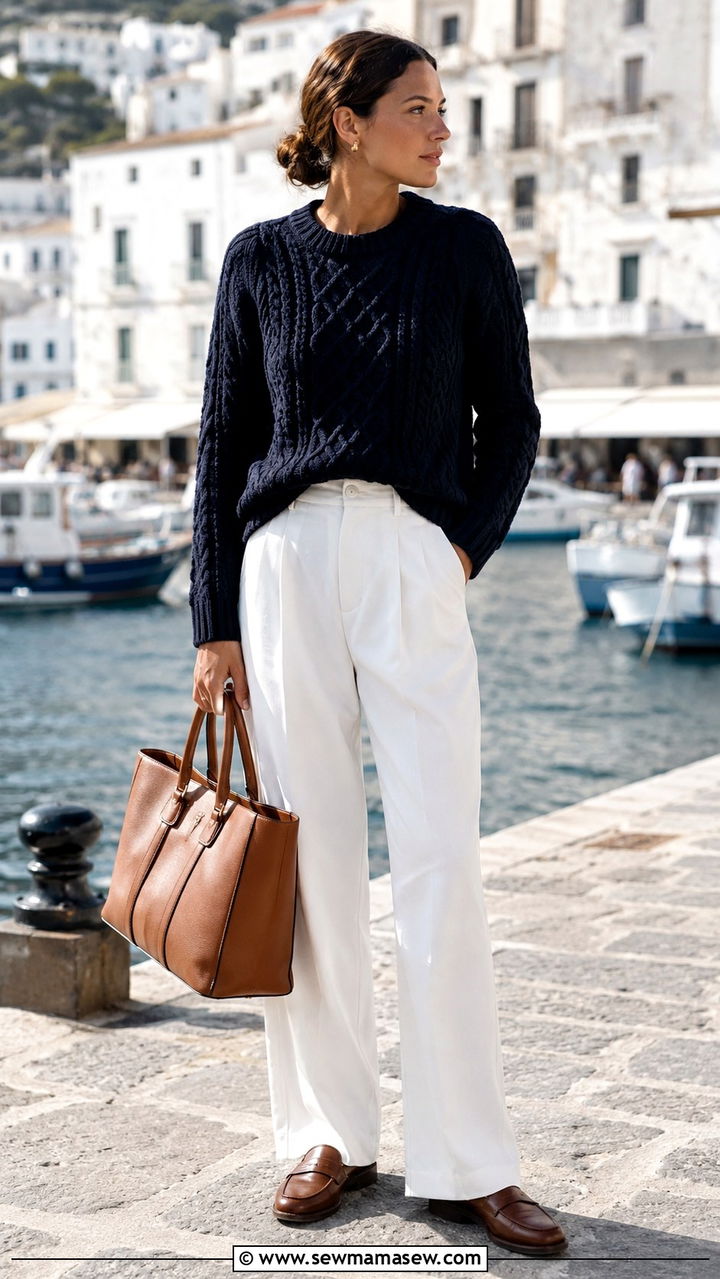 Navy Fisherman Sweater And White Trousers Outfit - 20 cute coastal grandmother outfits