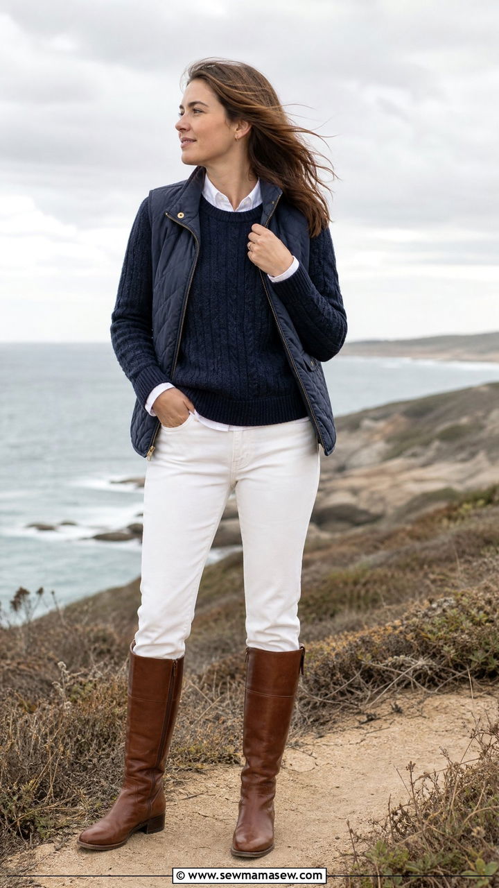 Navy Fisherman Sweater and White Jeans Cape Cod - 25 Old money outfit ideas for Cape Cod