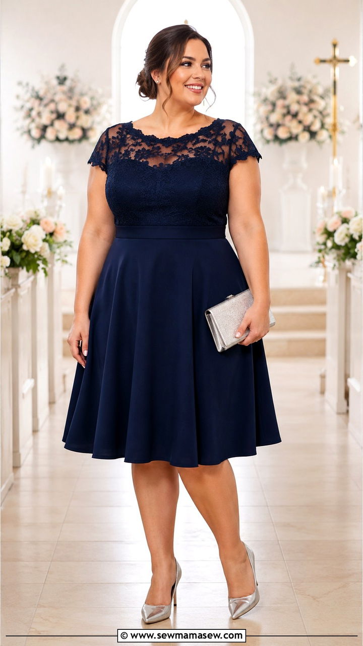 Navy Fit and Flare Dress with Illusion Lace and Silver Pumps - 30 Plus size wedding guest outfits spring