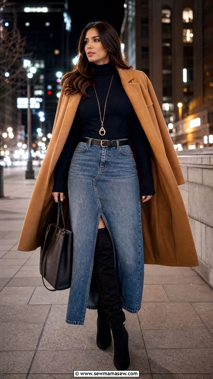 Navy Fitted Turtleneck and Over the Knee Boots With a Denim Maxi Skirt - 30 denim maxi skirt outfit ideas