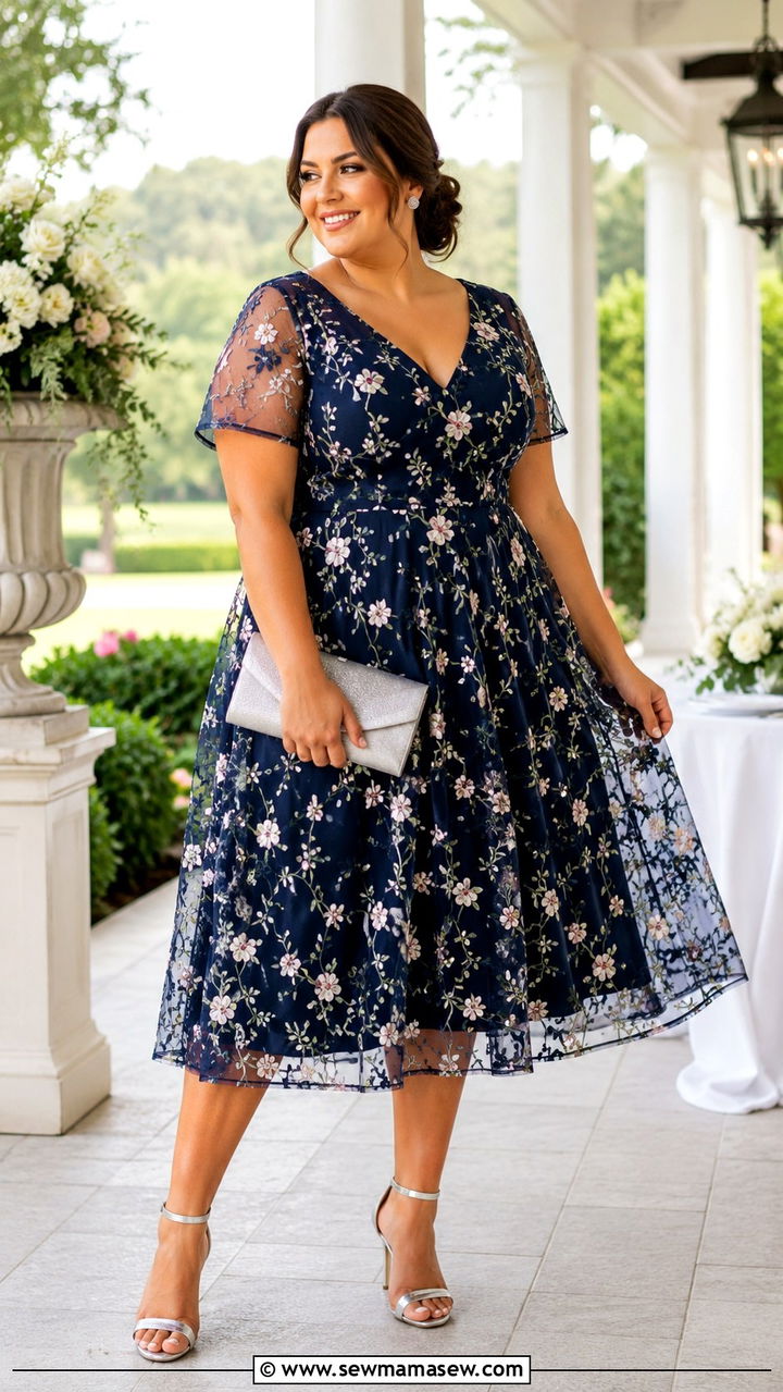 Navy Floral Embroidered Midi Dress With Silver Clutch - 30 plus size spring wedding guest outfit ideas