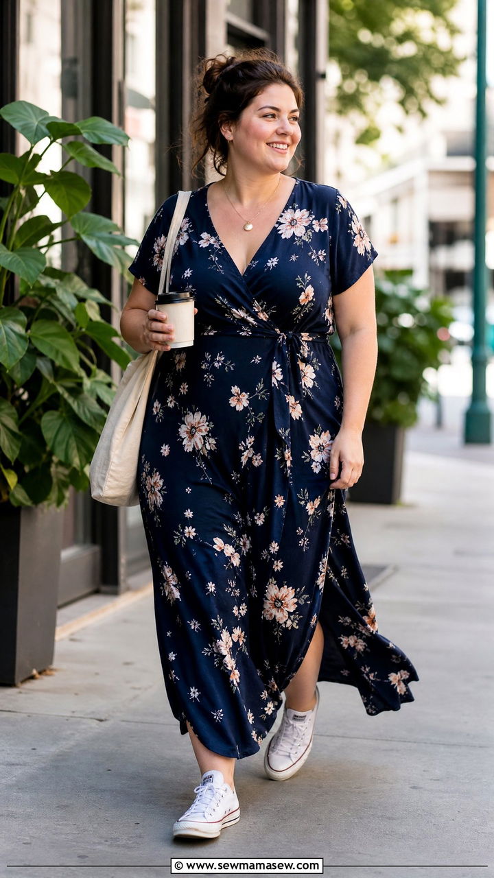 Navy Floral Maxi Dress with White Converse and Minimal Jewelry - 25 Maxi dress for plus size outfit ideas