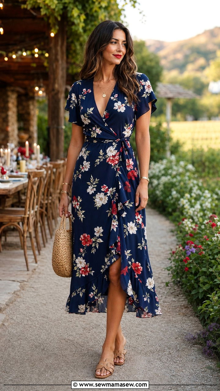 Navy Floral Midi Wrap Dress With Tan Sandals - 35 4th of July outfits
