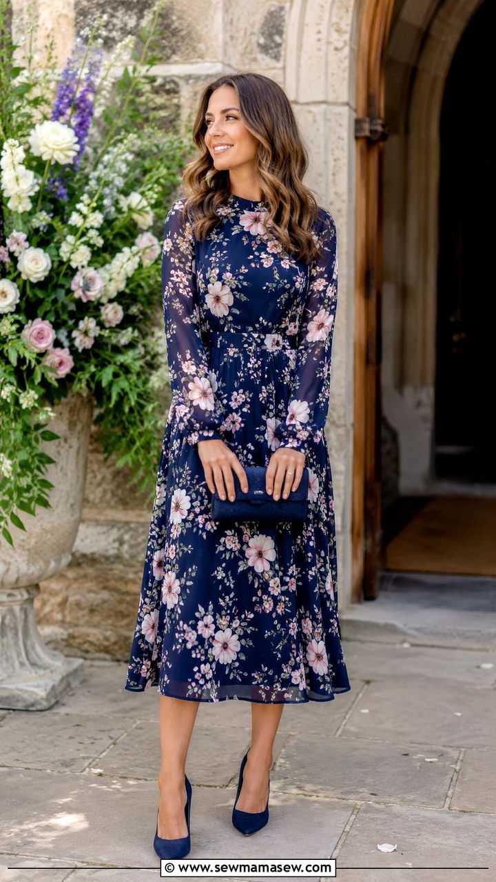 Navy Floral Print Midi Dress Wedding Guest - 30 modest wedding guest outfit ideas