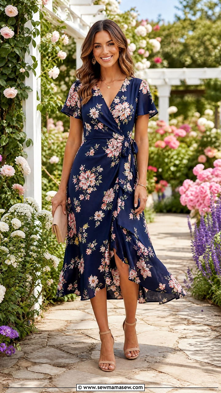 Navy Floral Wrap Midi Dress With Nude Heels - 25 Wedding guest outfit ideas size 12