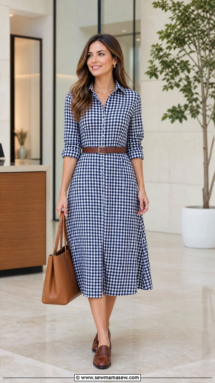 Navy Gingham Dress With Belt And Loafers For Work - 30 Gingham dress outfit ideas