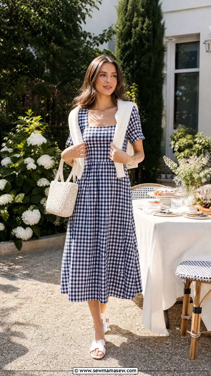 Navy Gingham Midi Dress with White Accessories - 30 summer navy outfit ideas