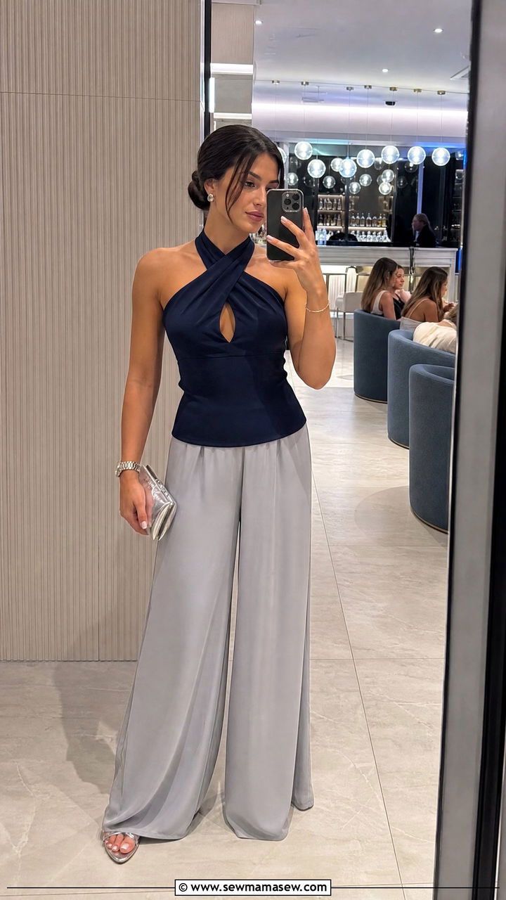 Navy Halter Top with Light Gray Wide Leg Pants - 30 summer navy outfit ideas
