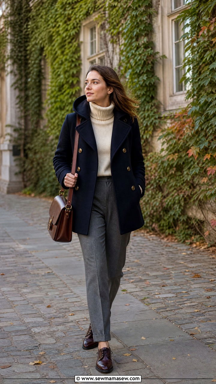 Navy Hooded Peacoat With A Turtleneck Trousers And Oxford Shoes - 35 Hooded coat outfit ideas