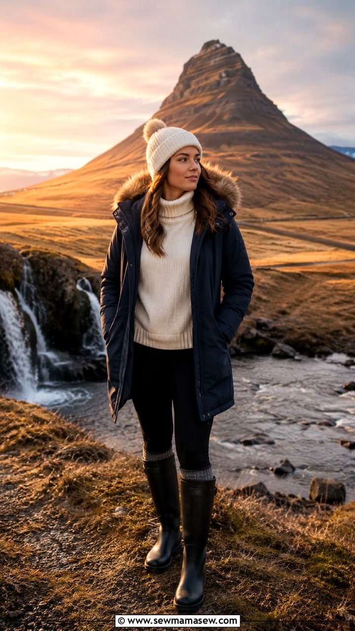 Navy Insulated Parka with Cream Knit and Thermal Leggings - 30 Iceland outfit ideas