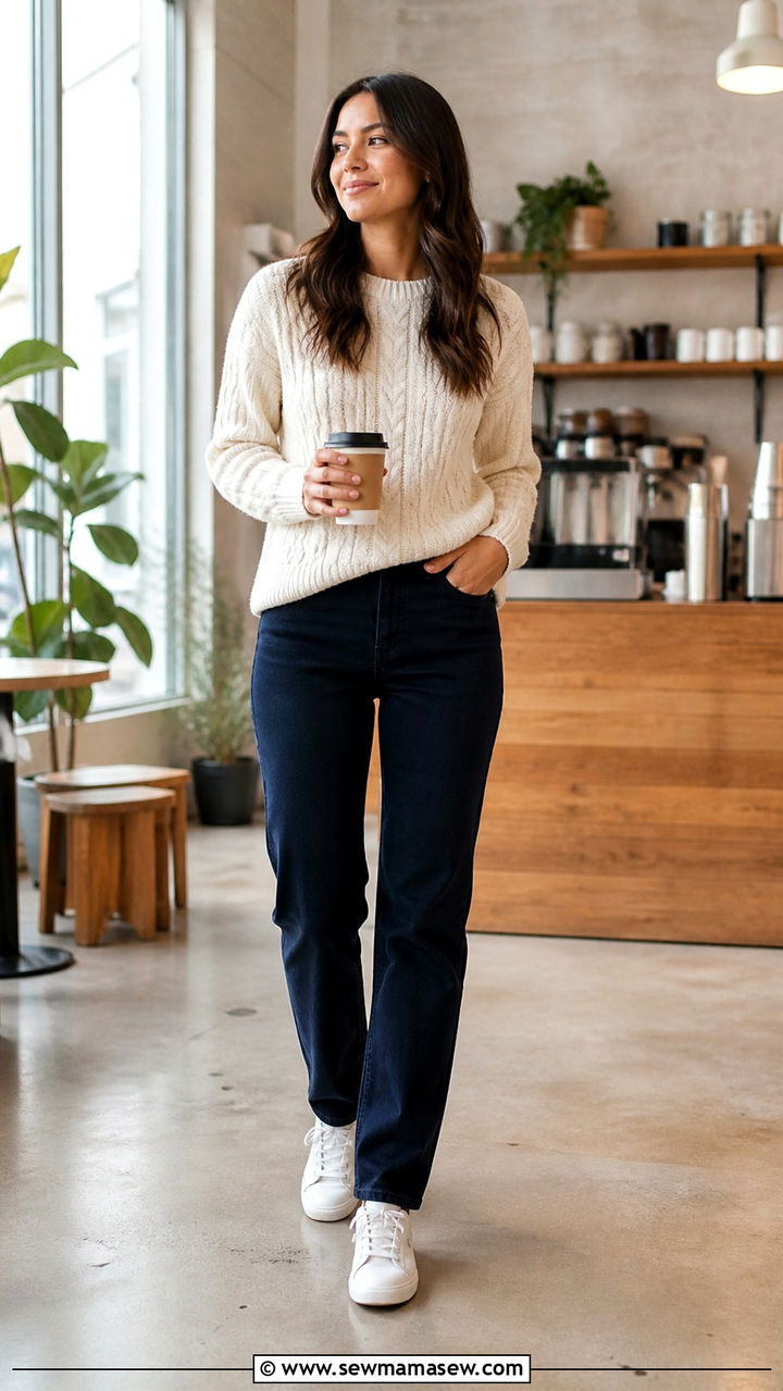 Navy Jeans With Cream Sweater And White Sneakers - 40 Colored jeans outfit ideas