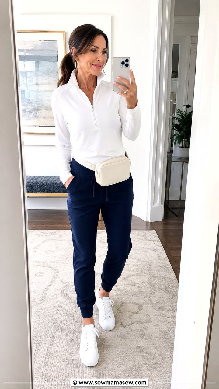 Navy Joggers With White Half Zip Pullover Outfit - 30 Outfit ideas for women over 40 athleisure