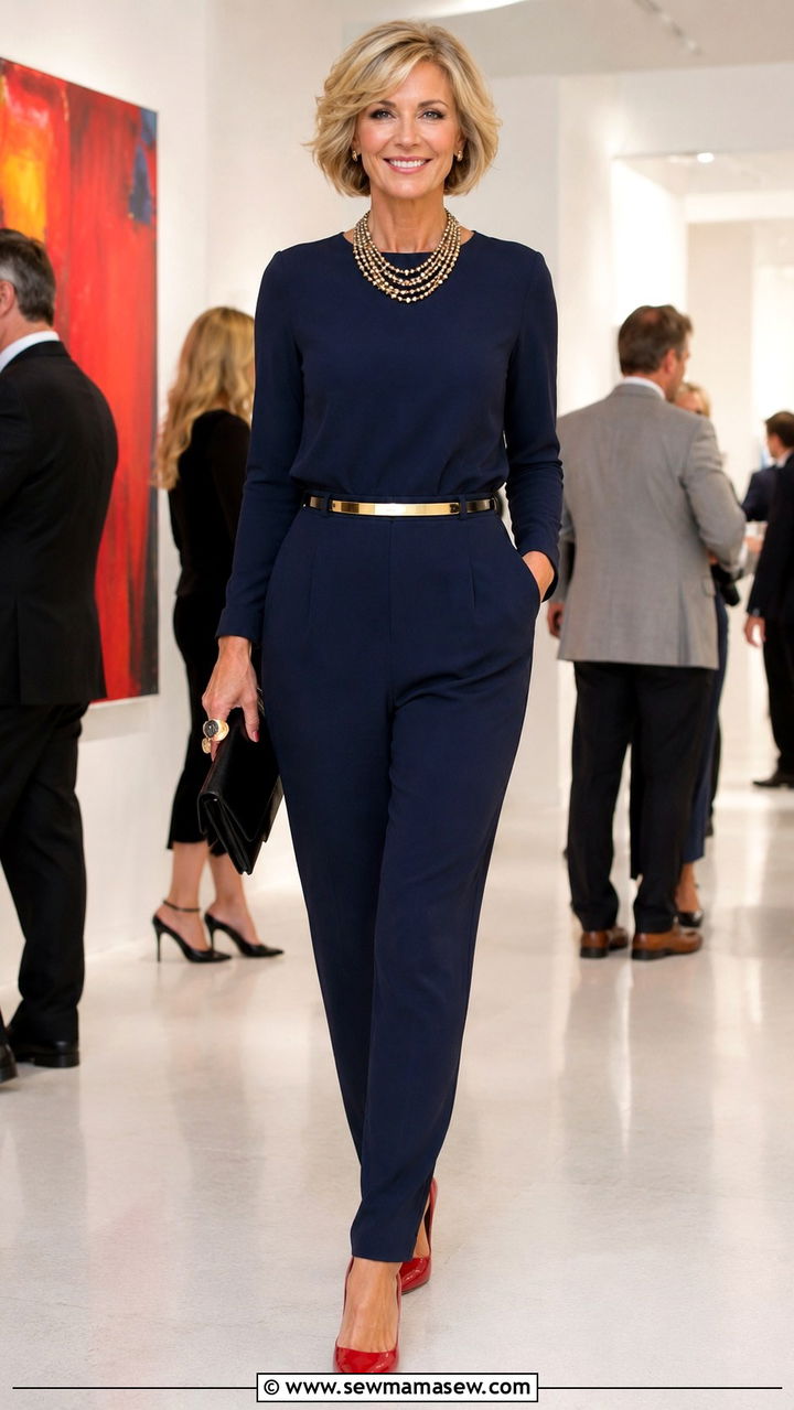 Navy Jumpsuit With Statement Jewelry Over 40 - 30 jumpsuit outfits for women over 40