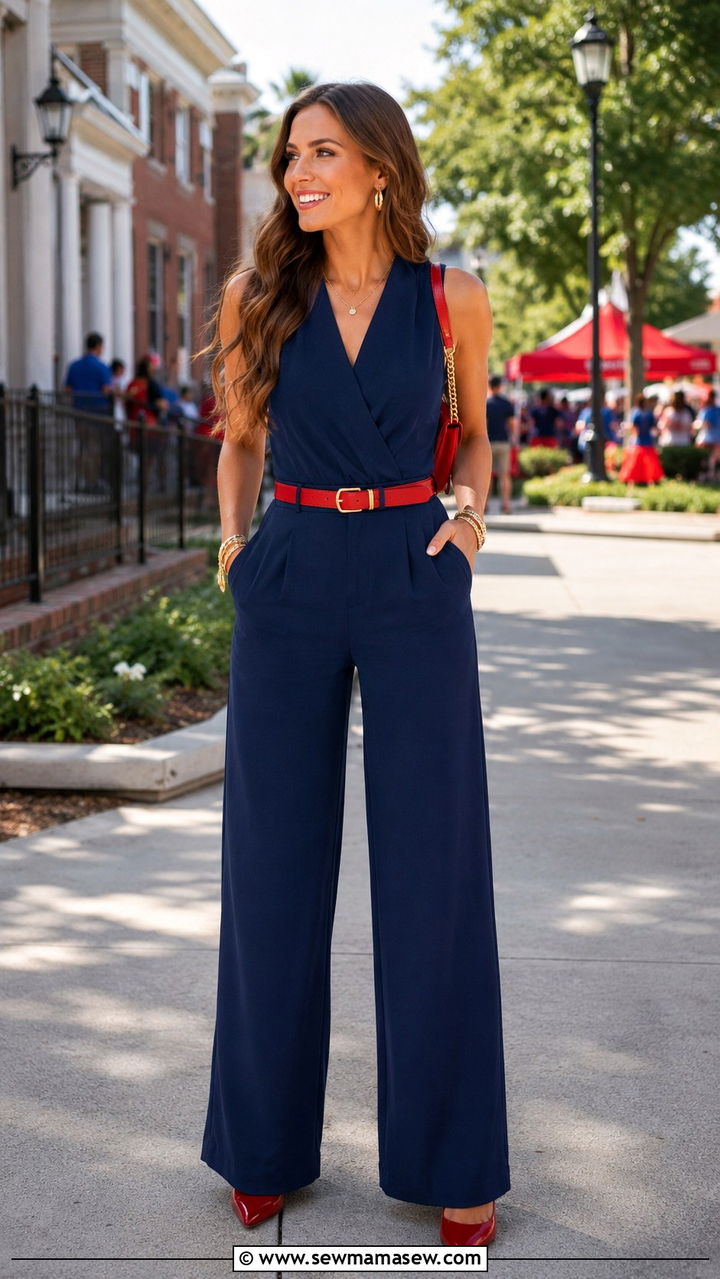 Navy Jumpsuit with Red Heels and Gold Accessories - 20 Gameday outfit ideas Ole Miss
