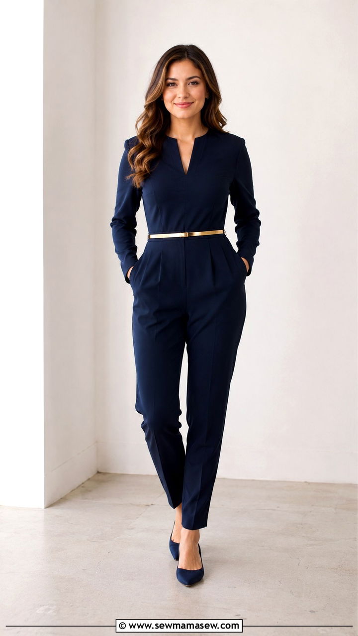Navy Jumpsuit with Statement Belt and Pointed Flats - 30 LinkedIn photo outfit ideas