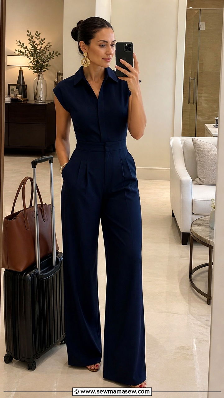 Navy Jumpsuit with Statement Gold Earrings - 40 Boss lady outfit ideas
