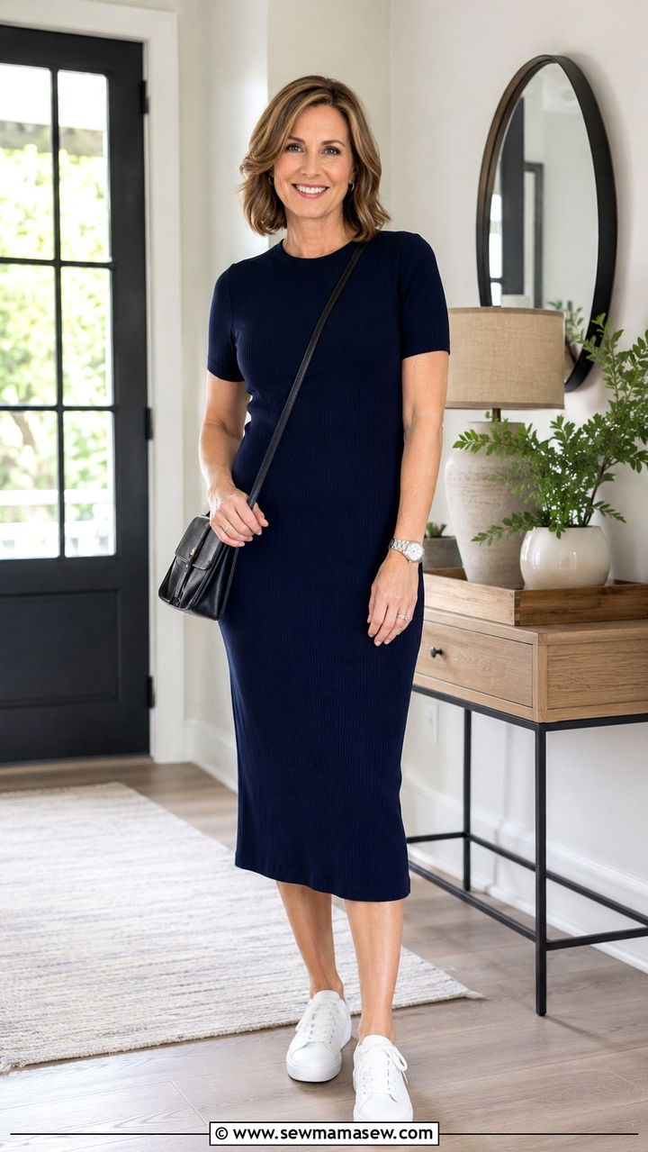 Navy Knit Dress with White Leather Sneakers and Black Crossbody Bag - 30 job interview outfits for women over 40