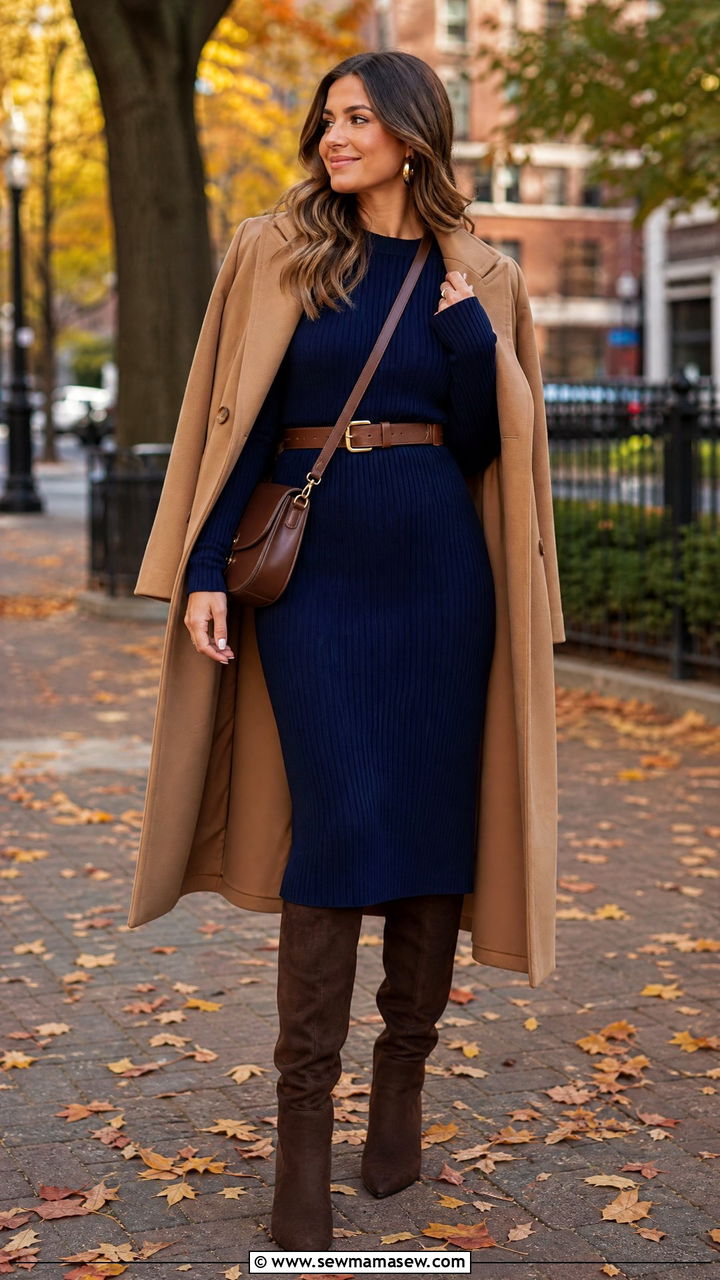 Navy Knit Midi Dress With Knee High Boots Outfit - 25 Quiet luxury dupes outfit ideas