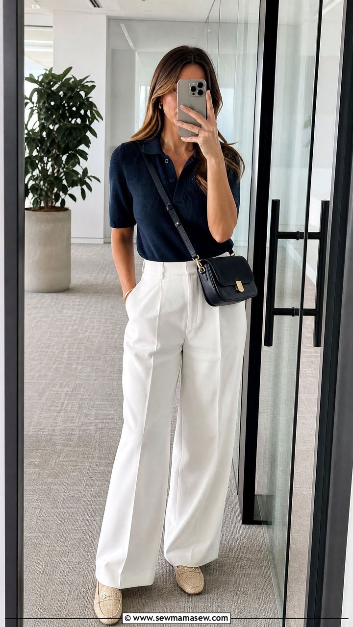 Navy Knit Polo With White Wide Leg Trousers And Raffia Loafers - 30 summer outfits for office women
