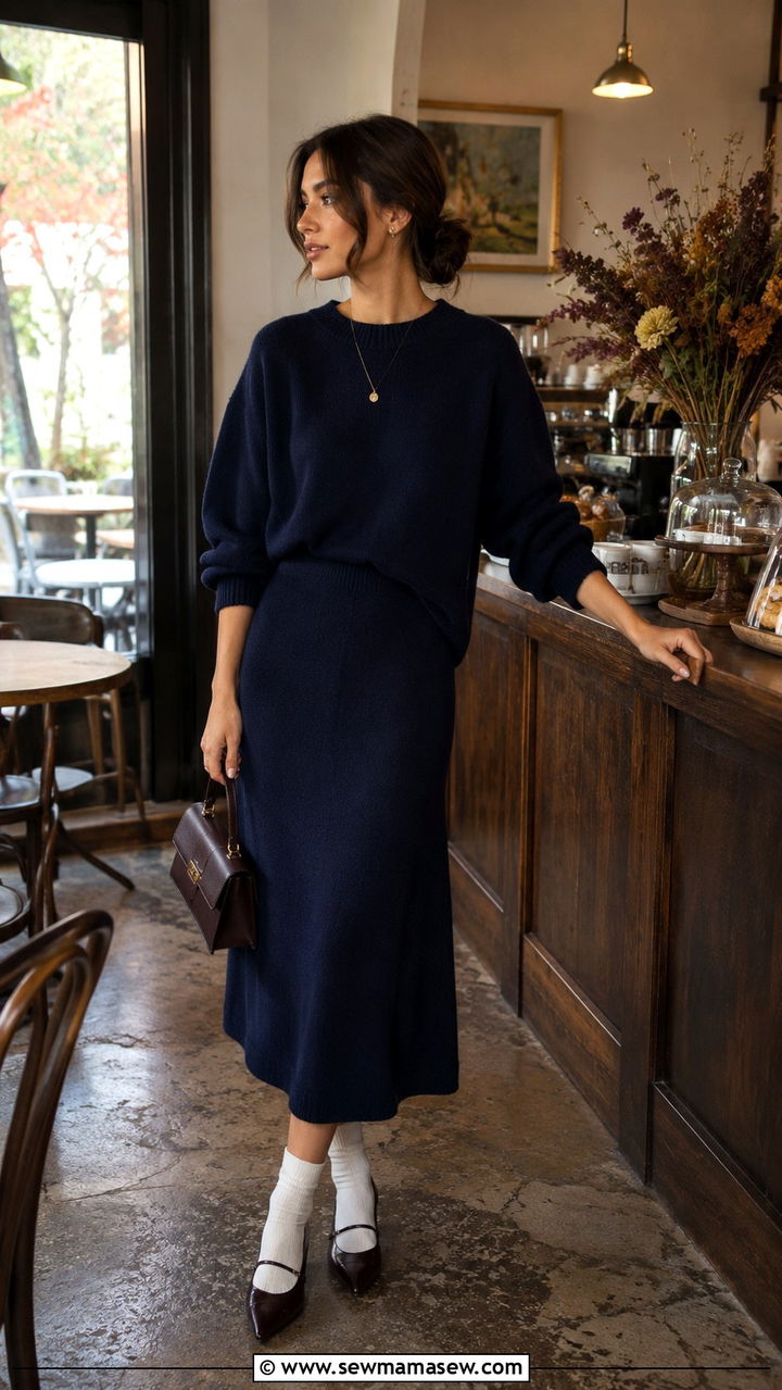 Navy Knit Sweater with Matching Midi Skirt Outfit - 30 navy outfit ideas for women