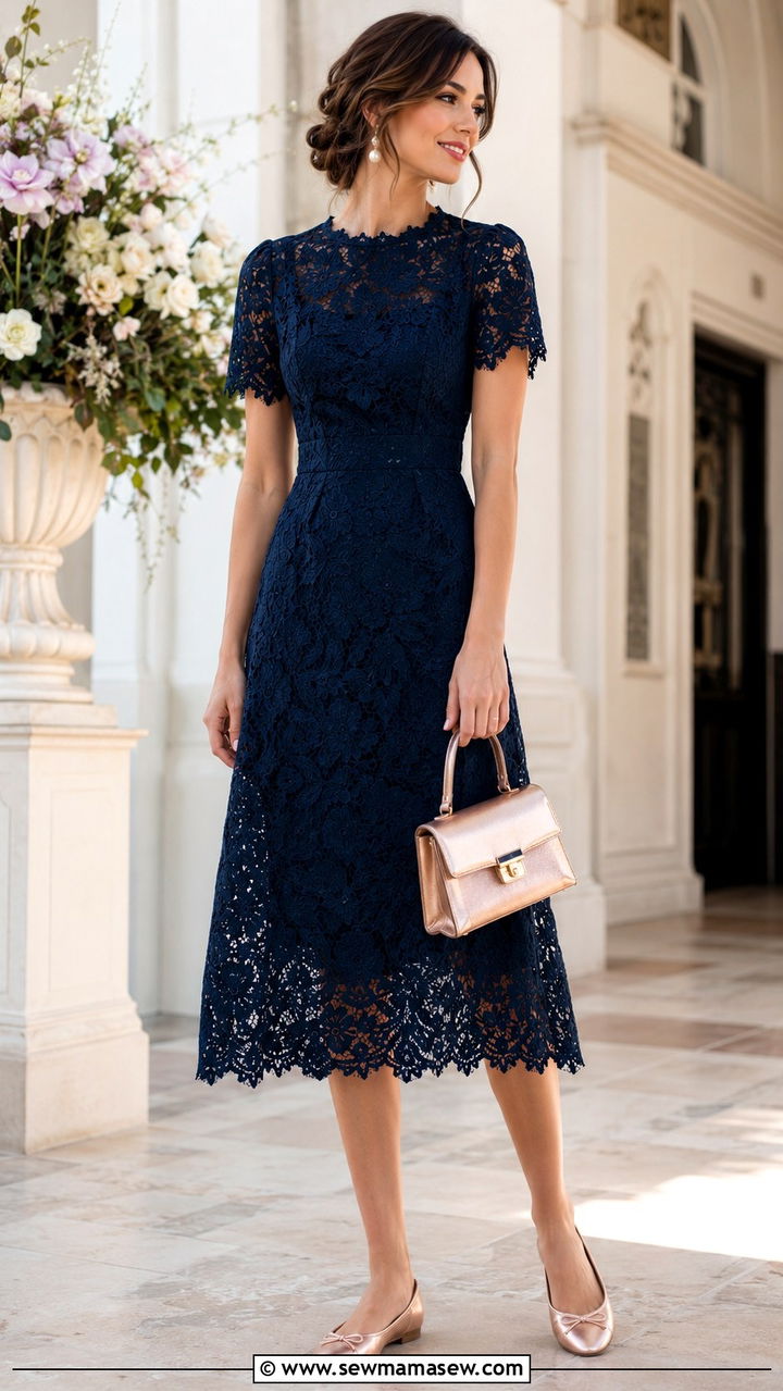 Navy Lace Dress With Metallic Flats - 30 romantic outfit ideas for women