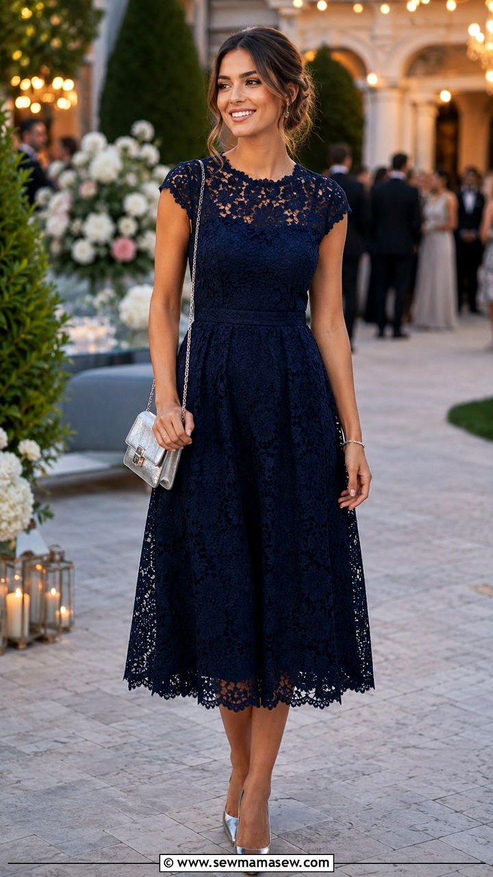 Navy Lace Dress With Silver Heels - 30 chic summer wedding guest outfits for women