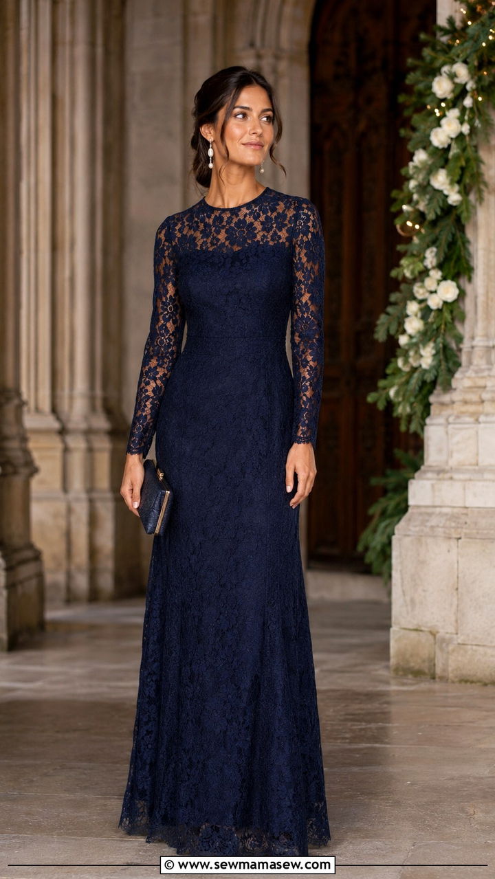 Navy Lace Gown With Sheer Sleeves - 30 Old money wedding guest outfits
