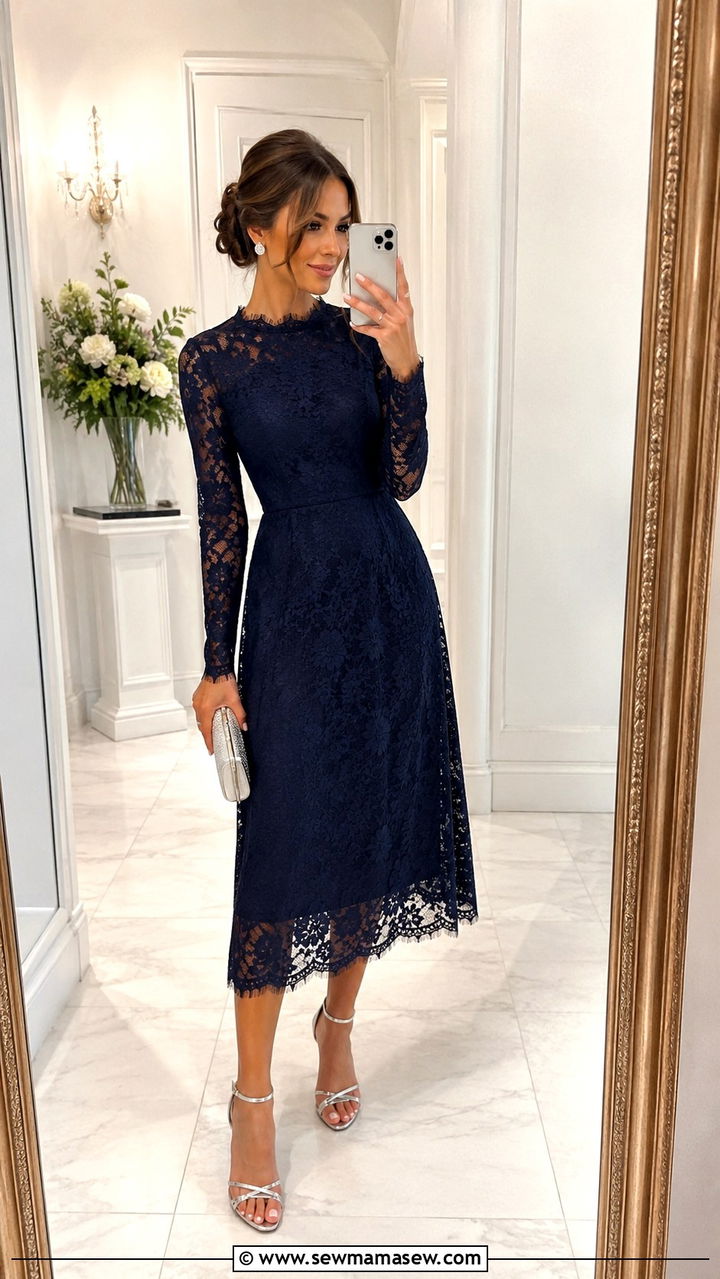 Navy Lace Long Sleeve Wedding Guest Dress - 20 Wedding guest outfit ideas with long sleeves