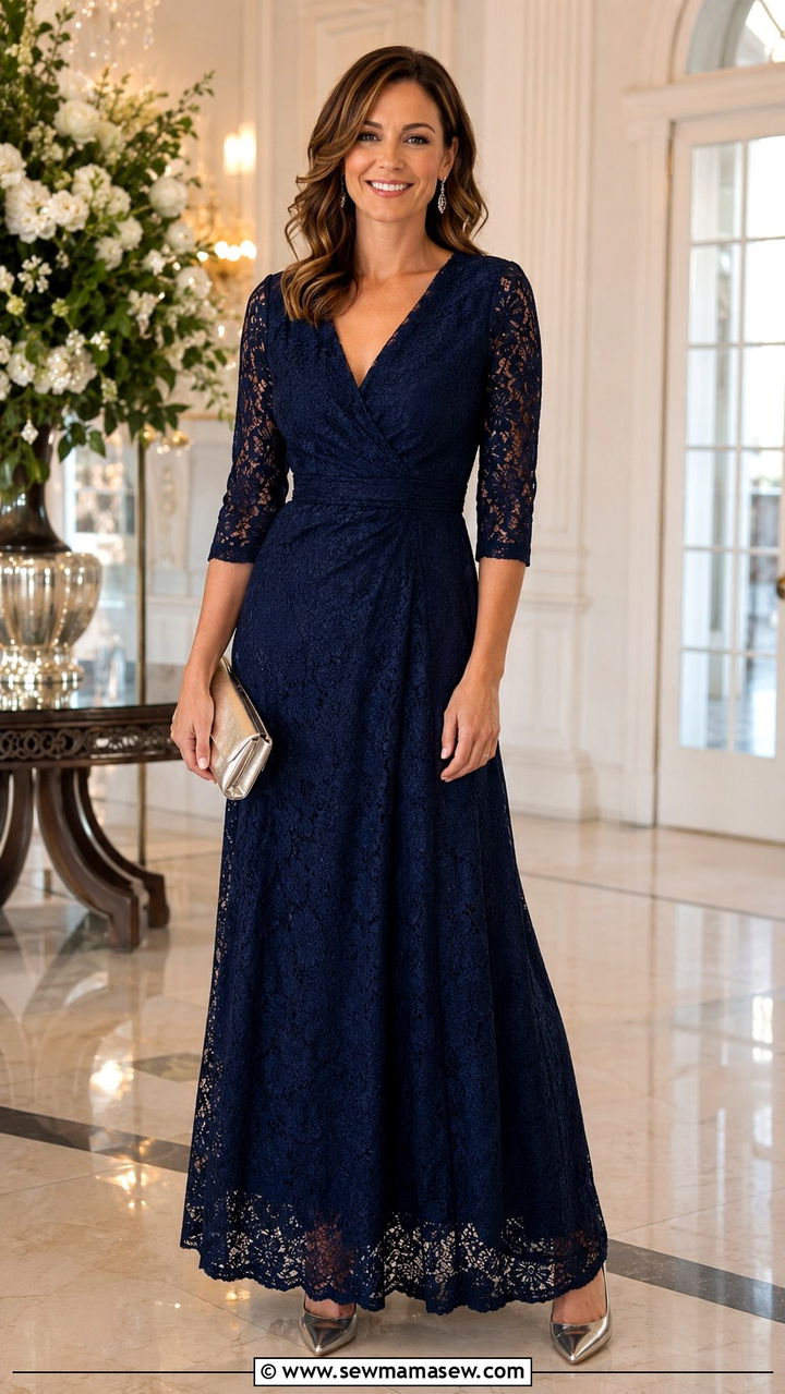 Navy Lace Maxi Dress With Metallic Pumps - 20 Wedding guest outfit ideas lace dress 2026