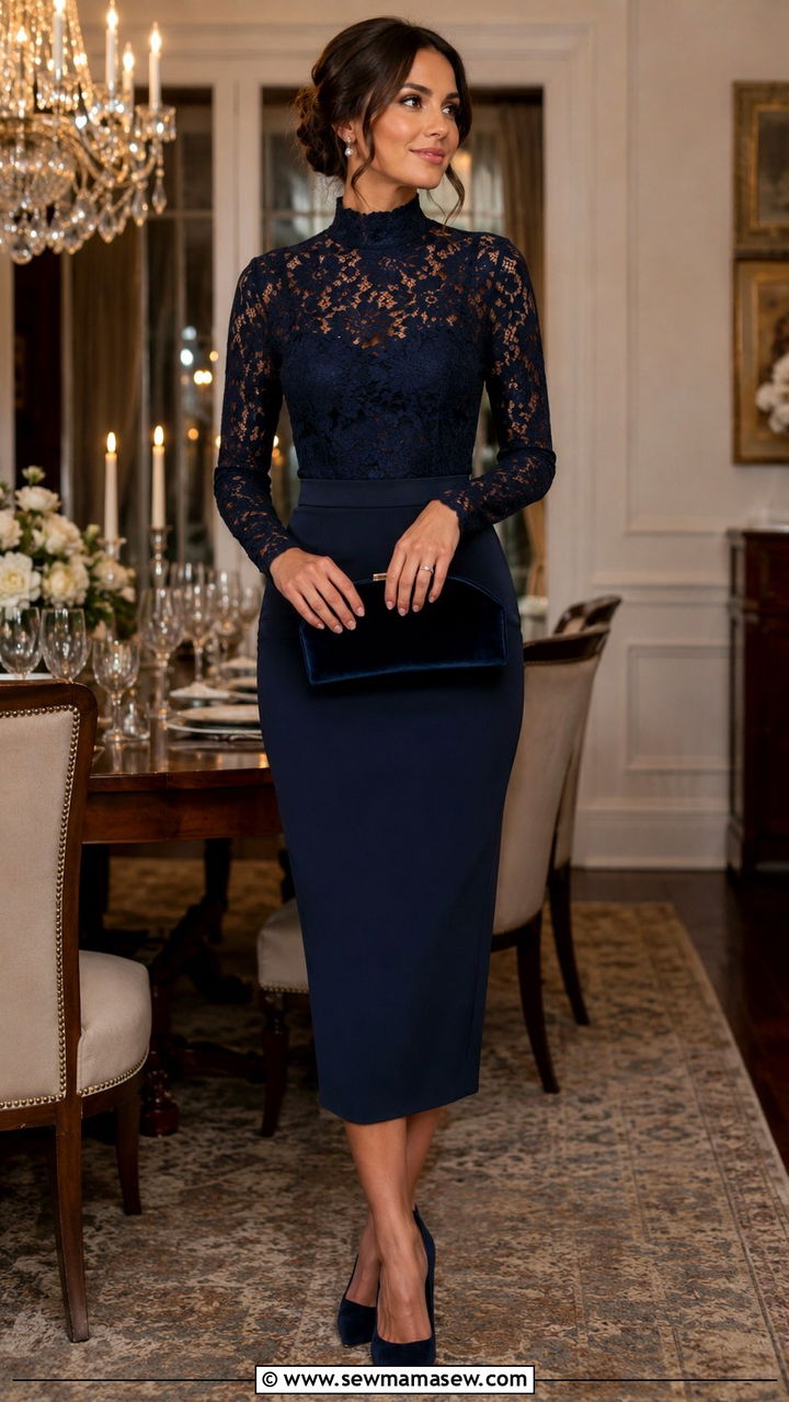 Navy Lace Top and Navy Midi Pencil Skirt - 30 Monochromatic navy outfits